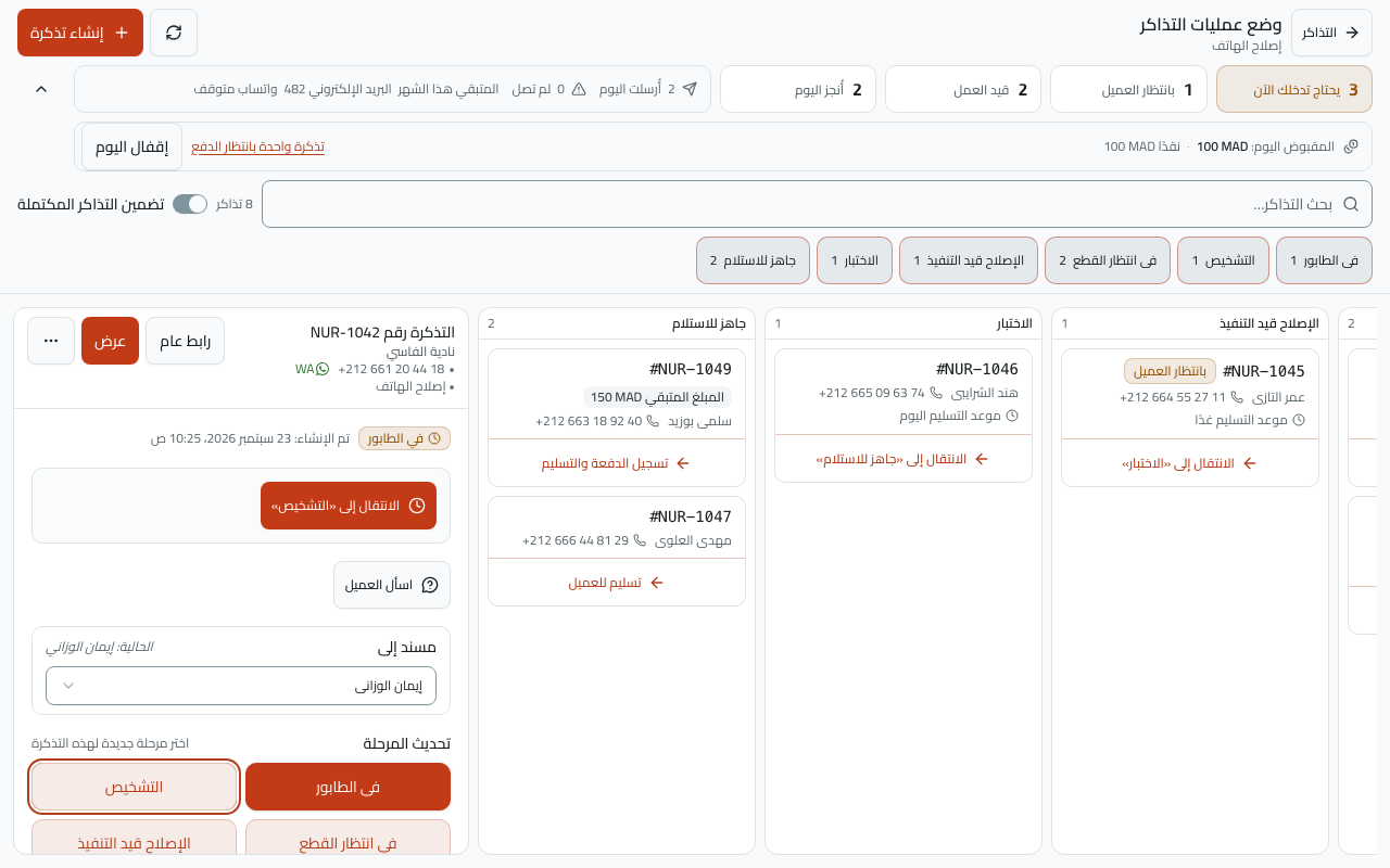 لوحة المنضدة: شريط الانتباه في الأعلى، وعمود لكل مرحلة من مراحل سير العمل، والتذكرة المختارة في لوحة إلى جانبها.