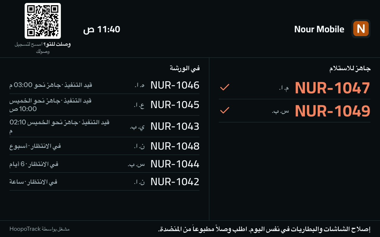 لوحة قاعة الانتظار في «وضع التلفاز»: «جاهز للاستلام» بجوار «في الورشة»، مع أرقام التذاكر والأحرف الأولى من الأسماء في كليهما، والساعة، ورمز QR لتسجيل الوصول مع «وصلت للتو؟ امسح لتسجيل وصولك»، وإعلانك في الأسفل.