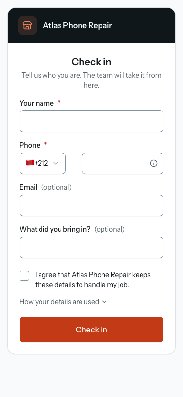 The check-in form on a phone: the shop's name, a name field, phone and email fields, the consent box and the Check in button.