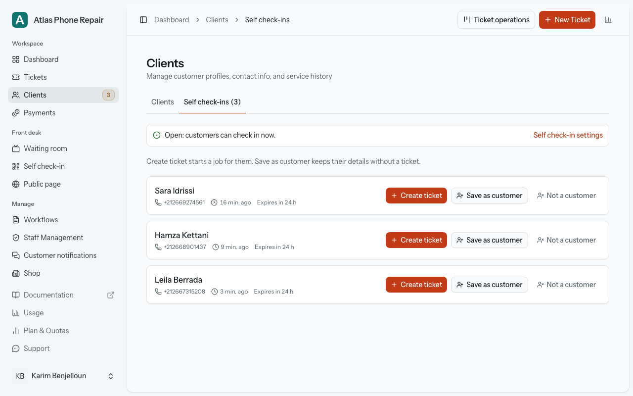 Clients › Self check-ins: one row per person waiting, with Create ticket, Save as customer and Not a customer.