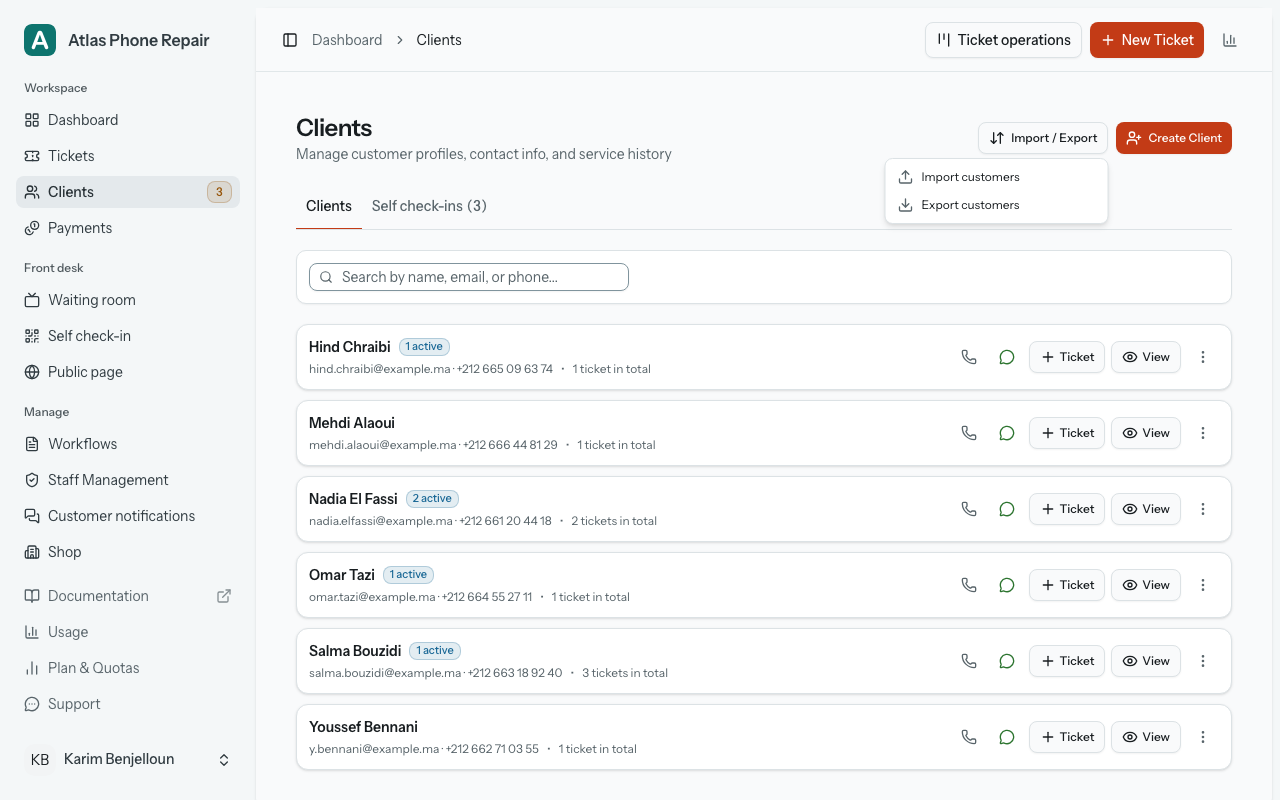 The top of the Clients page with the "Import / Export" menu open on "Import customers" and "Export customers", beside "Create Client".