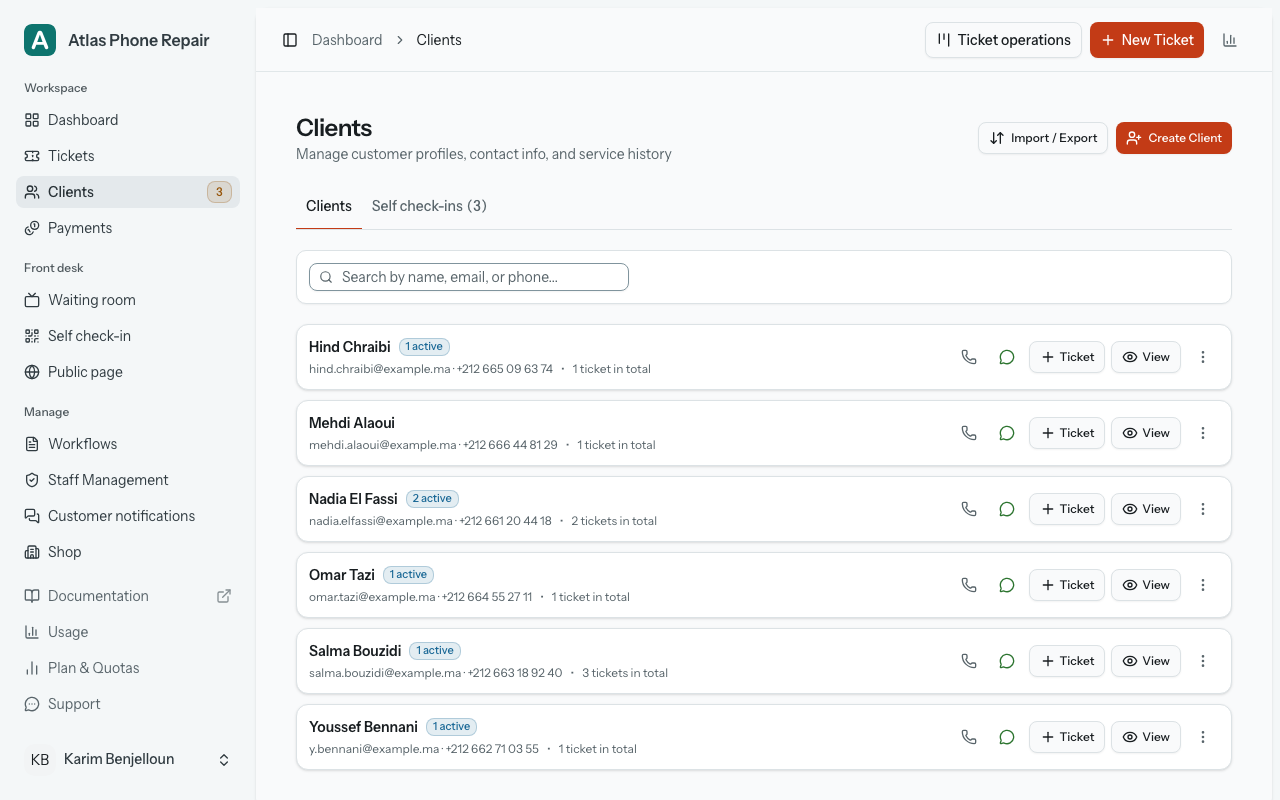 The Clients page with its search box and one row per customer, each carrying call, WhatsApp, new ticket and view buttons.