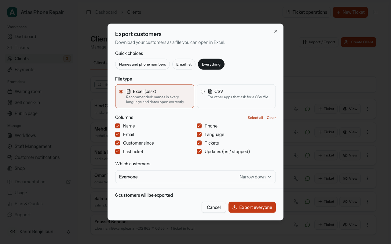 The "Export customers" dialog: the quick choices, Excel or CSV, the column tick boxes, "Which customers" on "Everyone", and the count of customers above "Export everyone".