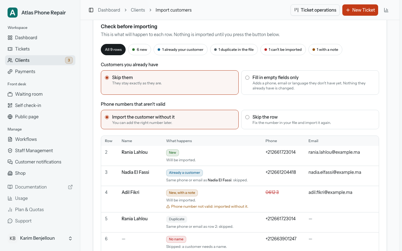 The "Check before importing" step: a count for each group in the list, the choices for "Customers you already have" and "Phone numbers that aren't valid", and the rows with what will happen to each: new, already a customer, new with a note, duplicate, no name.