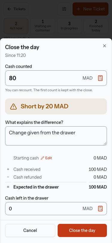 The Close the day sheet on a phone after Compare: the verdict "Short by 20 MAD", the note field "What explains the difference?", and the sum from "Starting cash" to "Expected in the drawer".