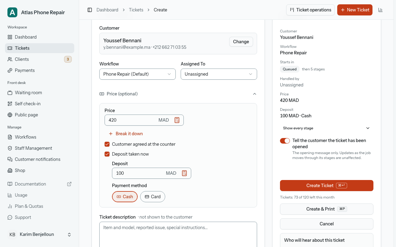 The new ticket form with the "Price (optional)" row open: the amount, the "Customer agreed at the counter" tick and the "Deposit taken now" section with its method chips.