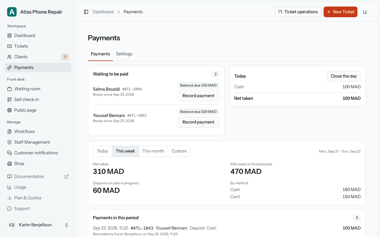 The Payments view: "Waiting to be paid" at the top with "Record payment" on each row, then "Today" by method, the period picker, the totals and the "Export CSV" button.