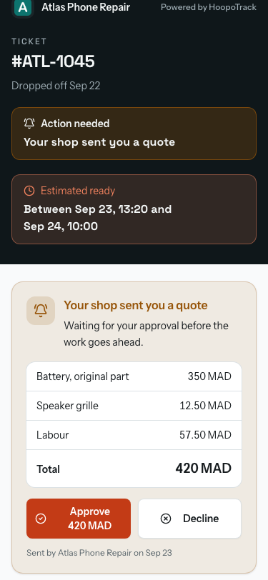 The tracking page on a phone with the quote card under the "Action needed" band: the lines and total, and the "Approve 420 MAD" and "Decline" buttons.