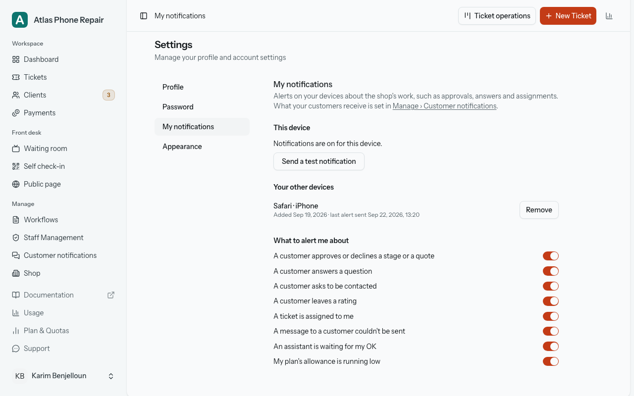 Settings › My notifications: this device's state, the other devices with a Remove button, and one switch per kind of alert.