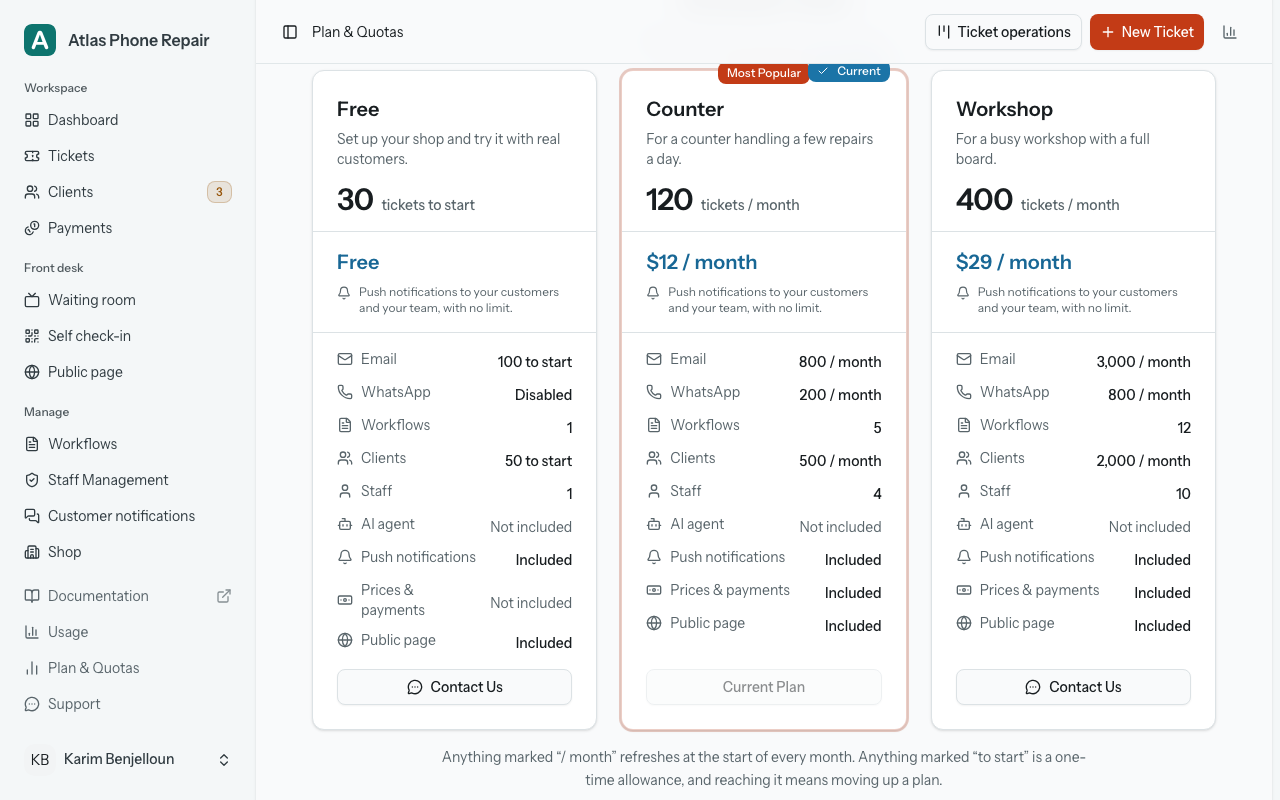 The Plan and Quotas page showing the available plans side by side, each with its headline ticket figure, price, list of limits and the "Prices & payments" row.