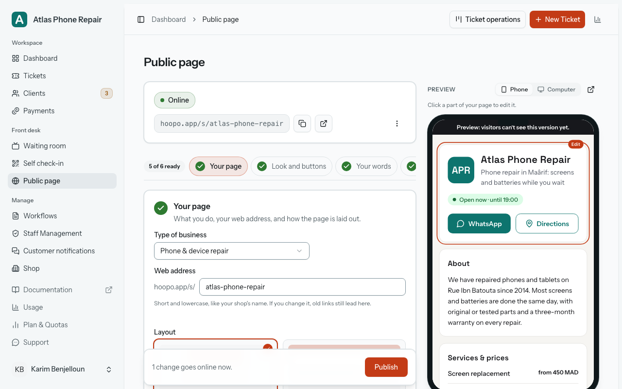 The Public page studio: the status card at the top, with "Online", the page's address, the copy and open buttons and the More actions menu; under it a row of steps headed "5 of 6 ready", with step 1, "Your page", open below; the action bar at the bottom with Publish; and on the right a phone-sized preview of the page, its top outlined for editing.