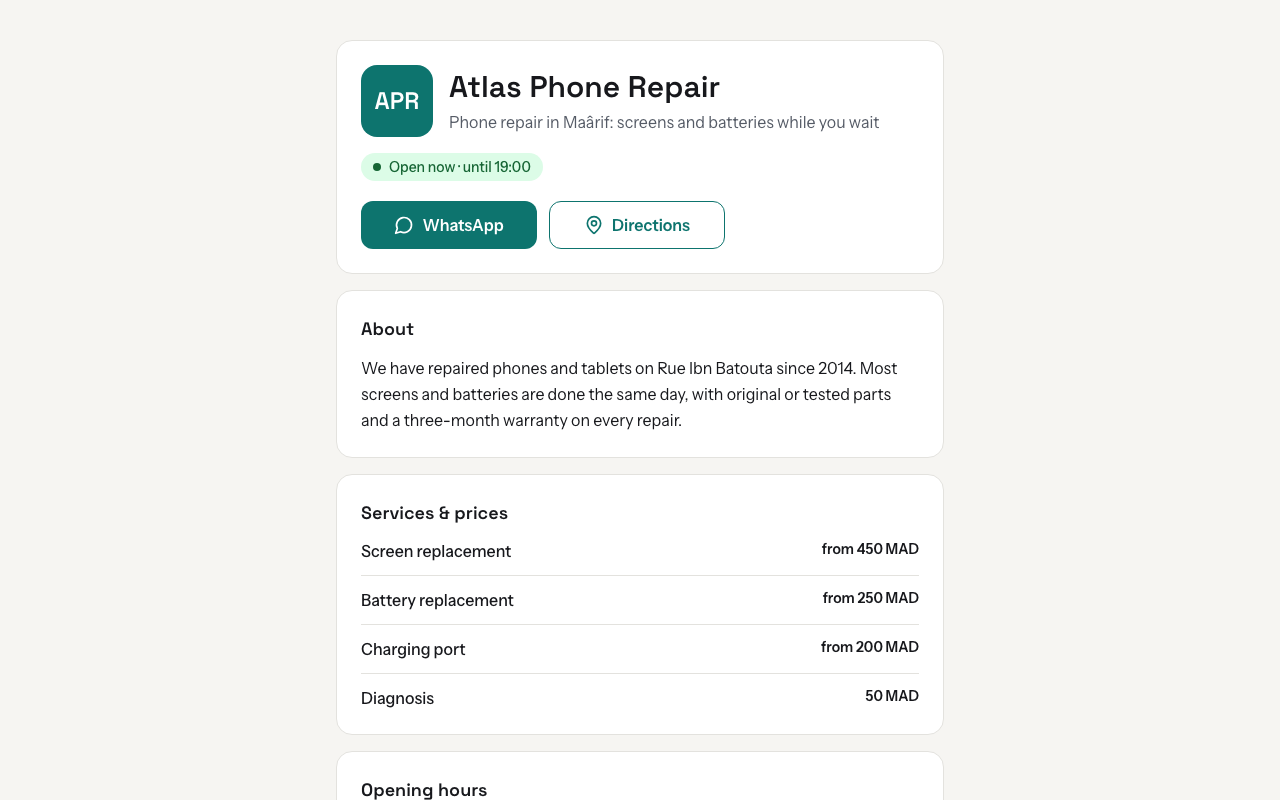 A shop's published public page, with the shop's name and trade line, its open-now line, the main buttons and its services and prices.