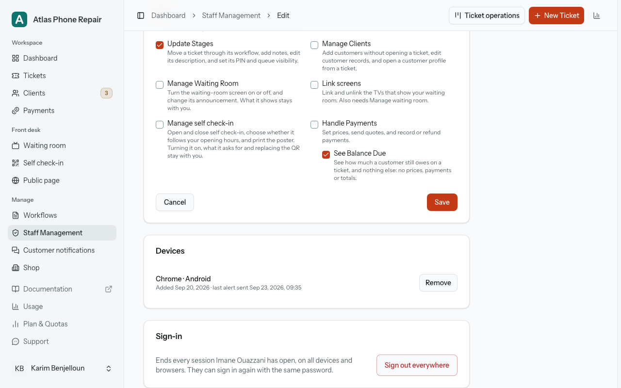 A staff member's page, further down: the last abilities, with Link screens beside Manage Waiting Room, then Save; the Devices card with one phone and Remove; and the Sign-in card with Sign out everywhere.