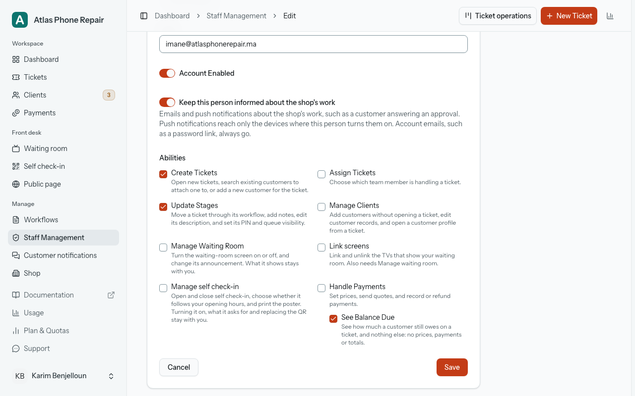 The staff member form showing the ability tick boxes, each with a line under it saying what it allows, and "See Balance Due" nested under "Handle Payments".