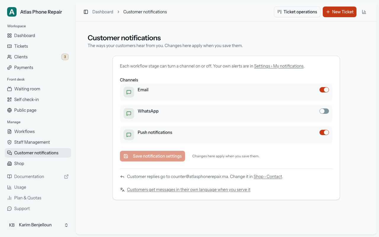 The Customer notifications page, with a switch each for Email, WhatsApp and Push notifications, and the Save notification settings button.