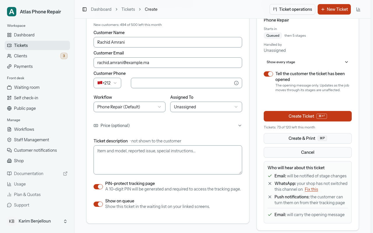 The new ticket form with the customer field, beside the "This ticket" panel carrying the "Who will hear about this ticket" section.