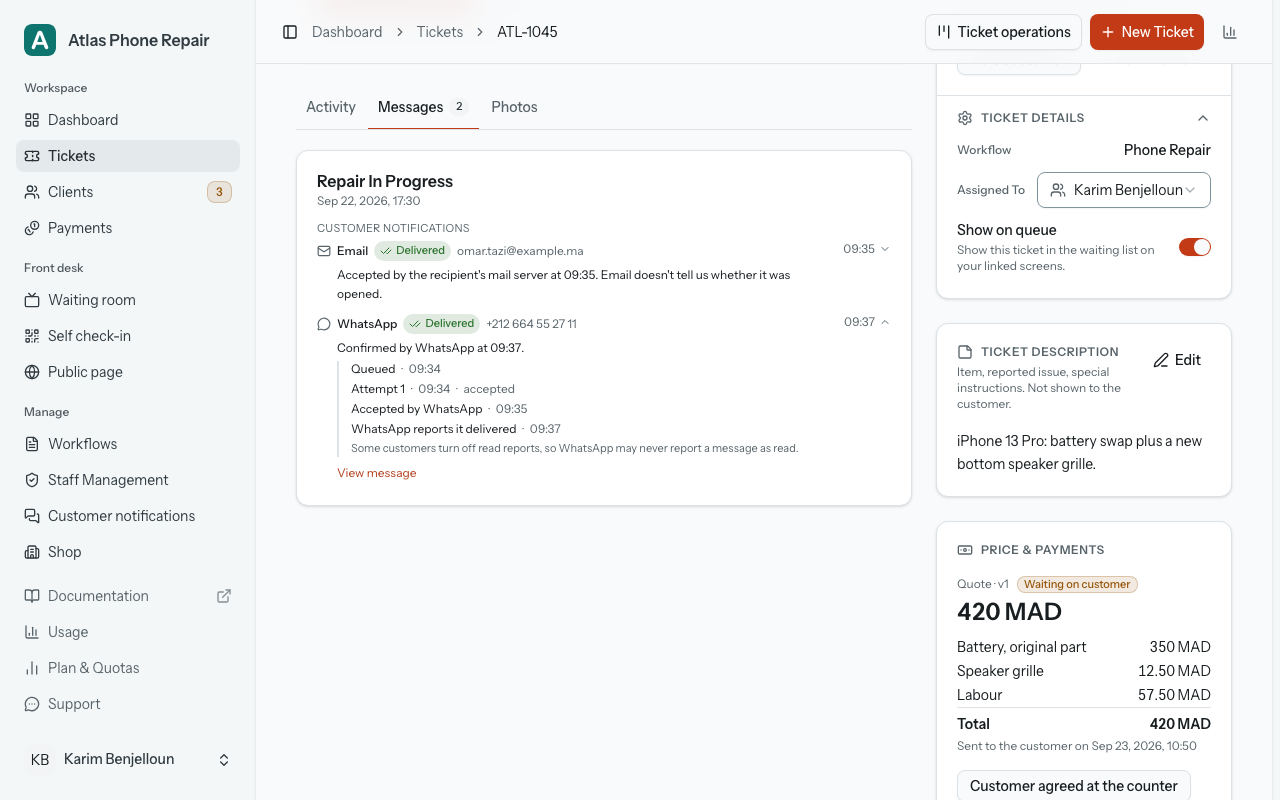 A ticket's Messages tab: under one stage, its Customer notifications, an email and a WhatsApp message both Delivered, the WhatsApp one opened on "Confirmed by WhatsApp at …" with each step under it, and "View message".