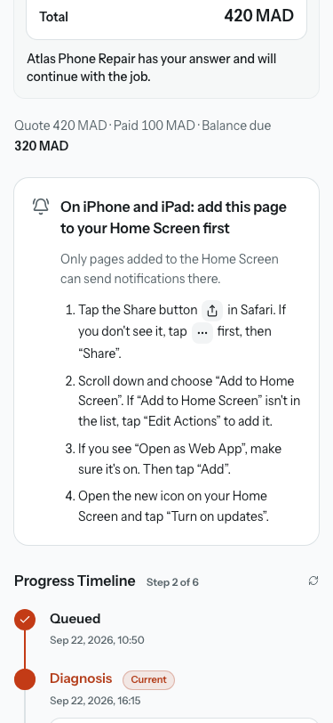 The same card on an iPhone, showing the steps to add the page to the Home Screen.