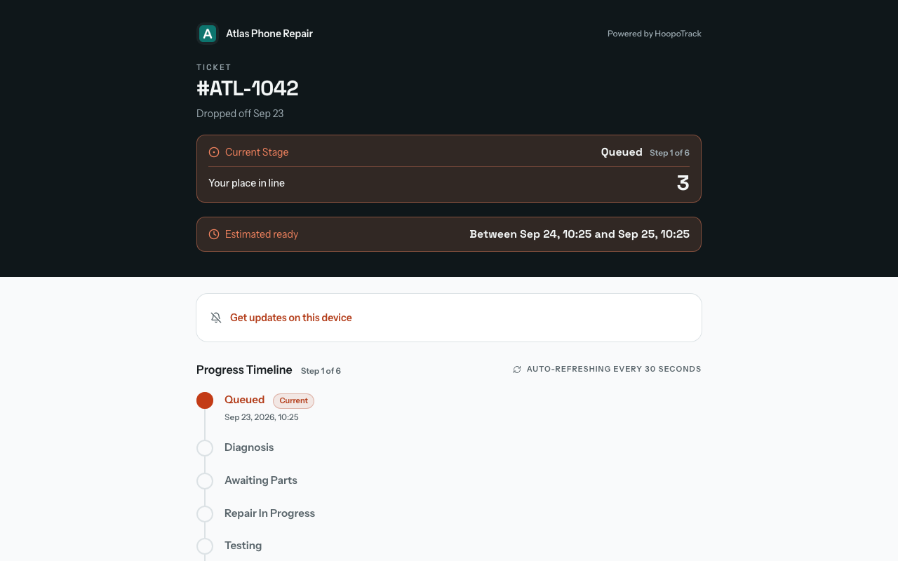 The public tracking page for a queued job: the ticket number, the current stage "Queued" with "Your place in line" 3, the estimated ready window, the folded "Get updates on this device" card and the timeline of stages.