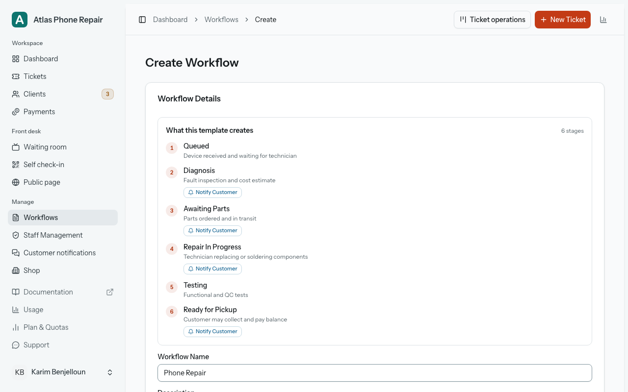 The workflow form opened from a template, led by "What this template creates" with "6 stages" beside it, then the six stages numbered in order, each with its description and four of them carrying a "Requires Approval" or "Notify Customer" badge, above the prefilled workflow name.