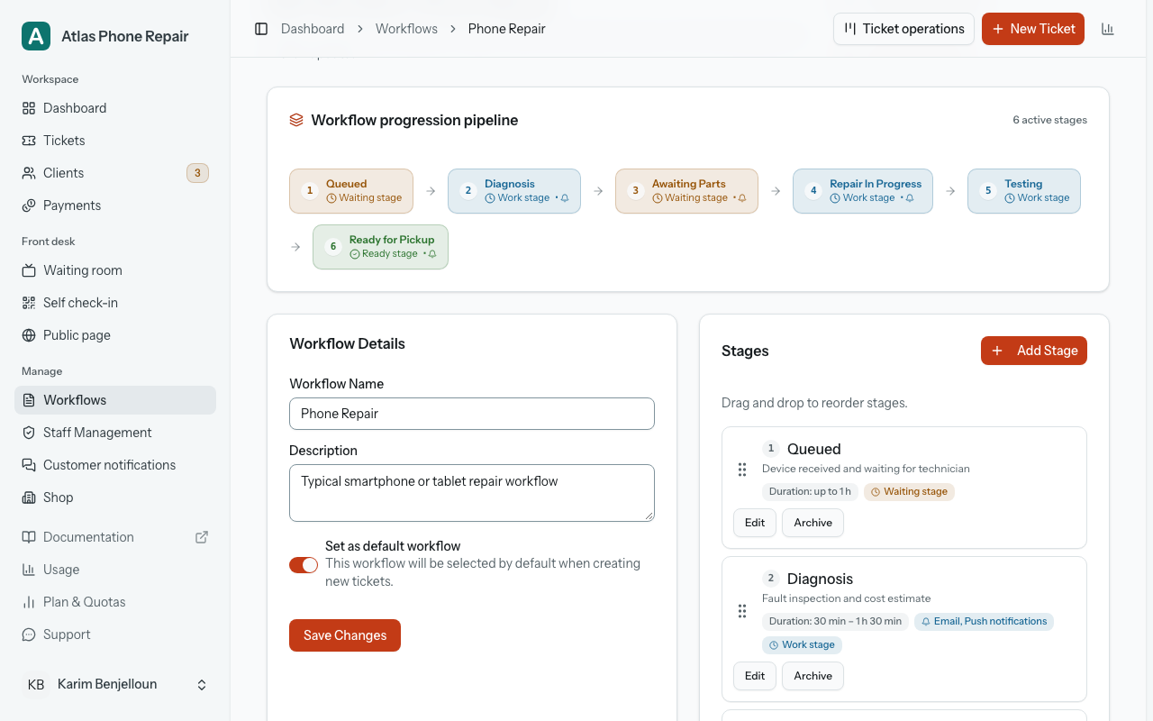 The workflow editor showing the stage list, with duration, notification and approval tags on each row.