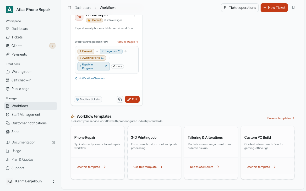 The Workflows page showing the workflow templates rack, with a "Use this template" button on each card.