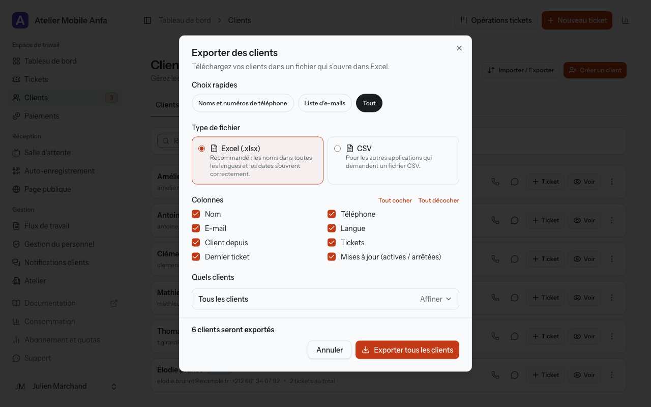 La fenêtre « Exporter des clients » : les choix rapides, Excel ou CSV, les cases des colonnes, « Quels clients » sur « Tous les clients », et le nombre de clients au-dessus de « Exporter tous les clients ».