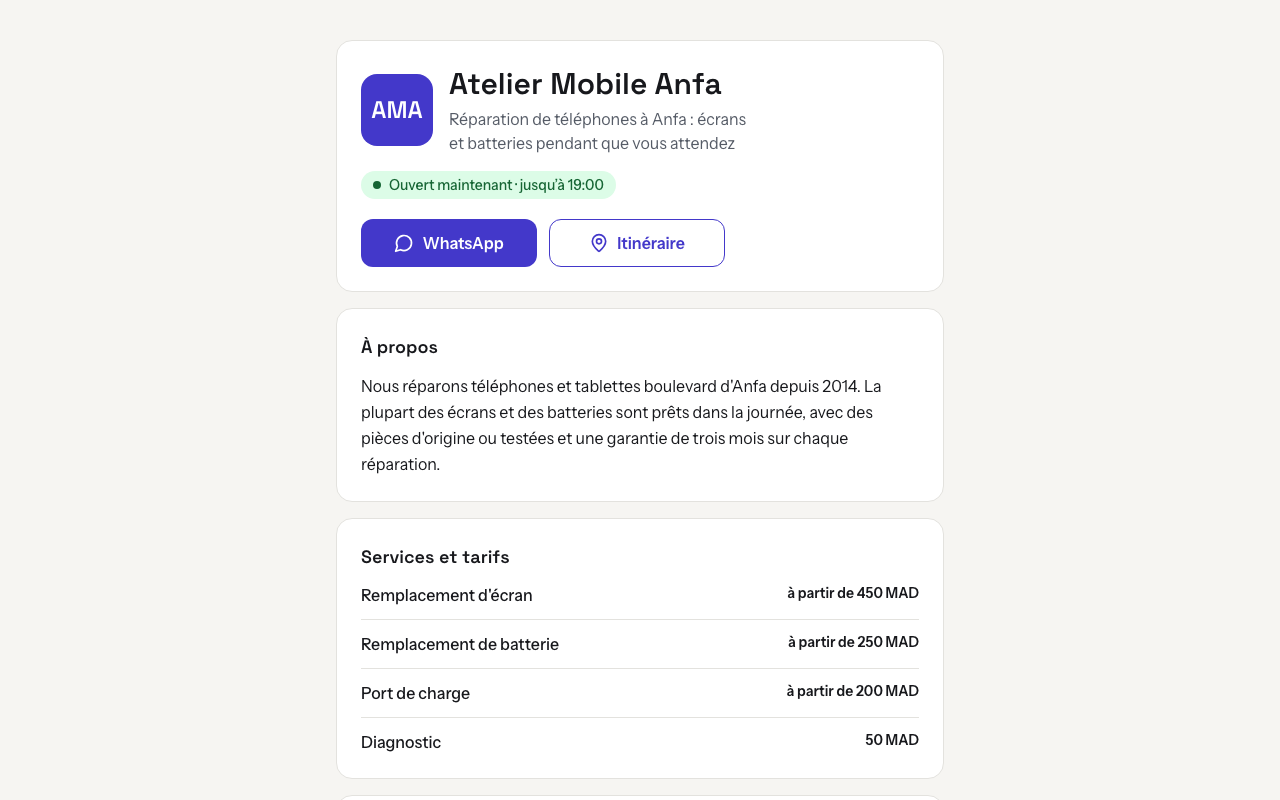 La page publique d’un atelier, une fois publiée, avec son nom et sa ligne d’activité, la mention d’ouverture, les boutons principaux, ses services et ses tarifs.