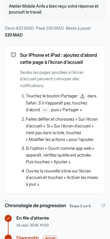 La même carte sur un iPhone, montrant les étapes pour ajouter la page à l’écran d’accueil.