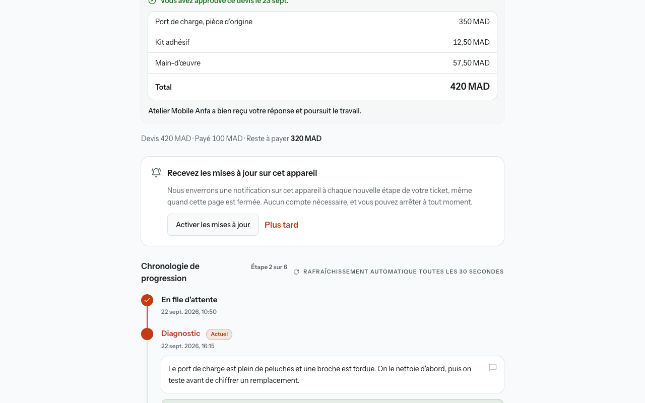 La carte « Recevez les mises à jour sur cet appareil » de la page de suivi, avec le bouton « Activer les mises à jour ».