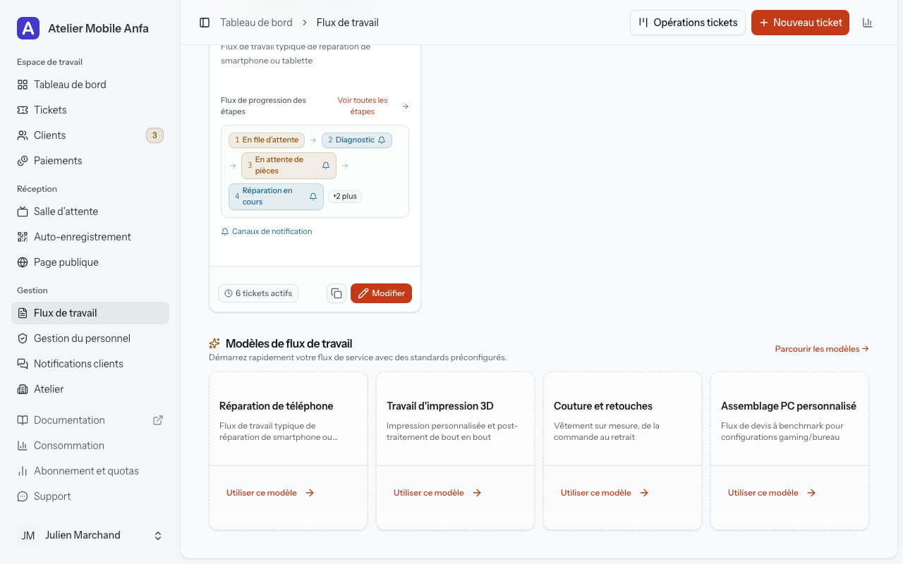 La page Flux de travail montrant la série de modèles avec un bouton « Utiliser ce modèle » sur chaque carte.